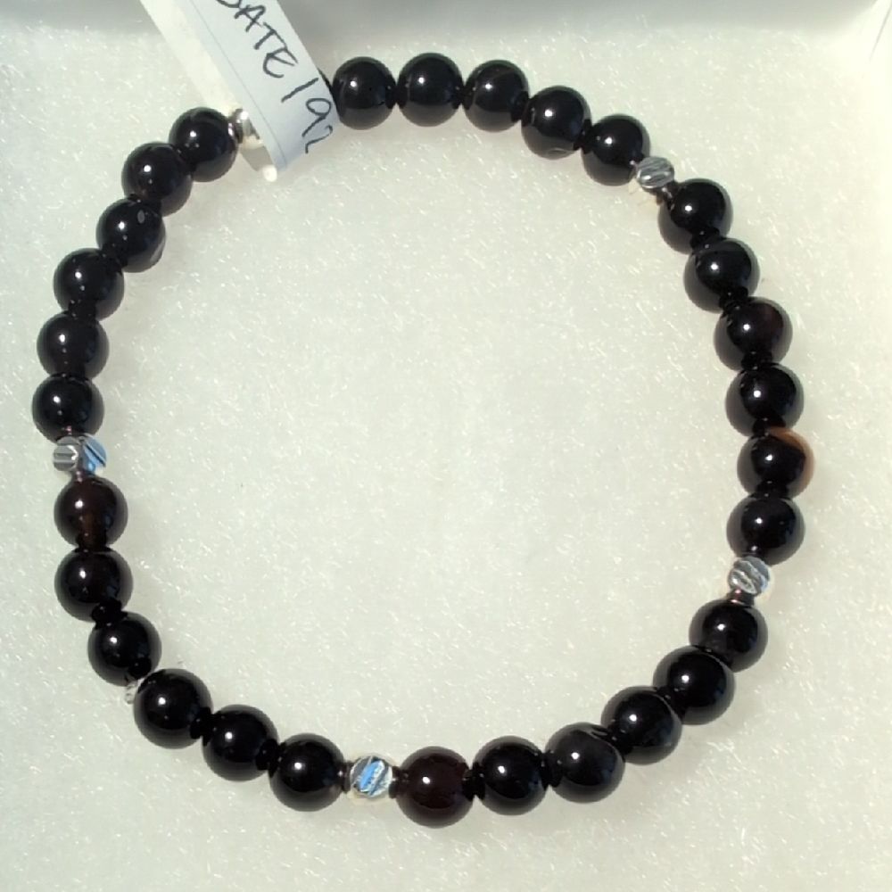 Natural Gemstone Black Agate With 925 Sterling Plated Bead Stretch Bracelet